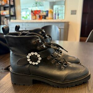 Nanette Lepore Black Combat Boots with Crystal Buckle